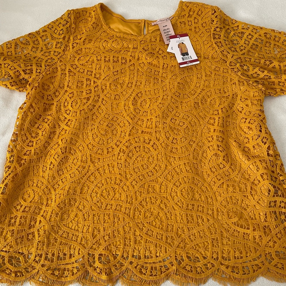 Philosophy brand, gold yellow lace blouse. Size XL, new with tags.